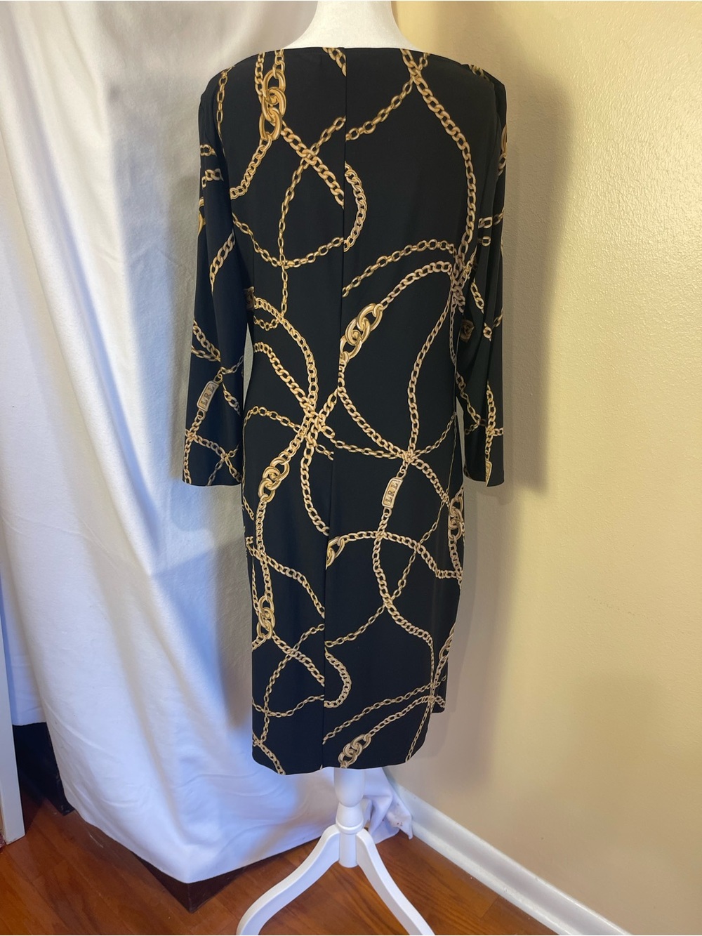 Lauren Ralph Lauren Black Gold Chain Print Faux Wrap Dress 14 Stretchy Ruched - Picture 10 of 16